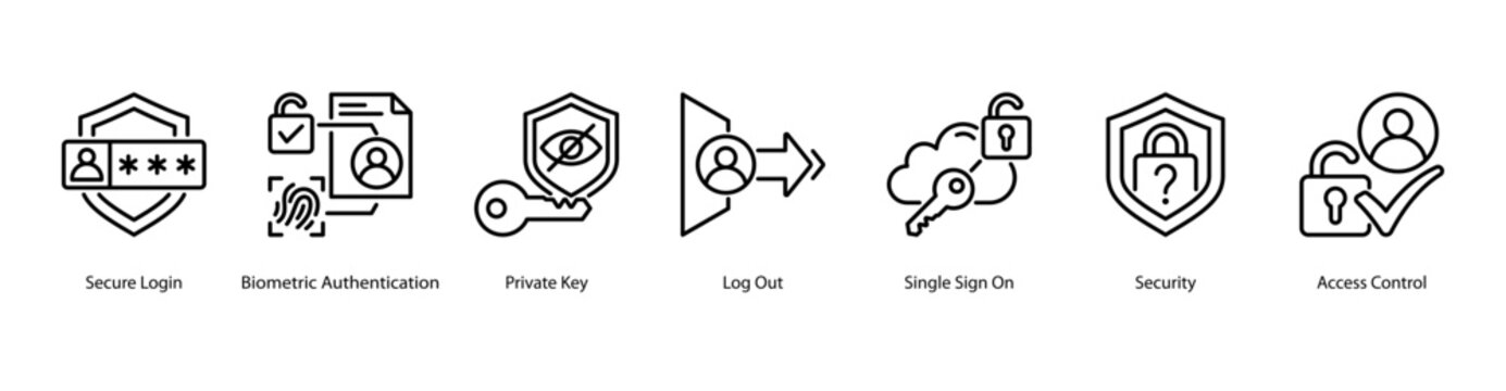Secure Entry web banner icon vector illustration featuring Secure Login, Biometric Authentication, Private Key, Log Out, Single Sign On, Security, and Access Control.