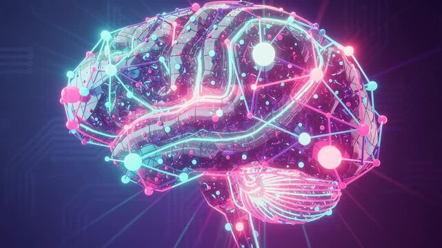 Futuristic digital brain with glowing neural connections and vibrant neon colors representing artificial intelligence