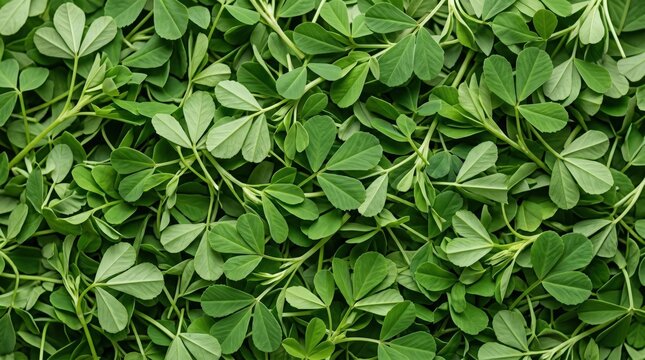 Fresh green fenugreek leaves background pattern featuring organic methi herb foliage texture in soft natural daylight for culinary and healthy food concepts