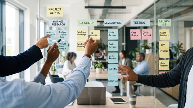 Team brainstorming with sticky notes on glass wall, agile project management workflow, software development process, startup office environment, collaborative planning session