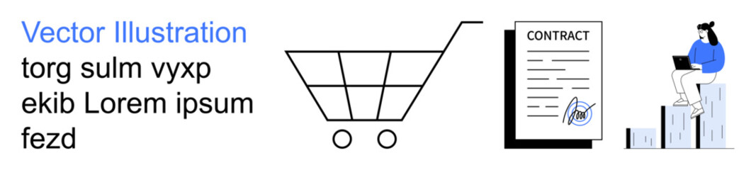 E-commerce, agreements, data analysis, workplace productivity, online business, digital communication. Shopping cart, contract with signature person on a laptop with data charts. E-commerce