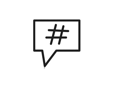 Black outline illustration depicting a speech bubble containing the hash symbol on a clean white background