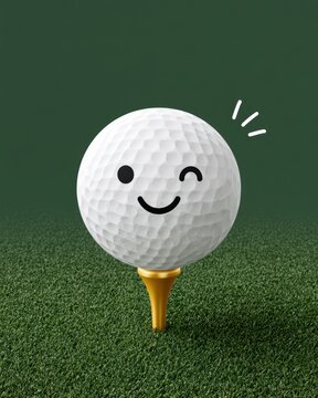 A cute white golf ball with a smiling face resting on a golden tee isolated on a green putting grass surface background