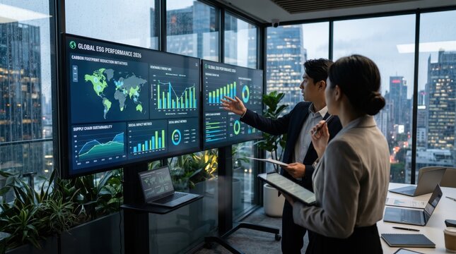 Business professionals analyzing global ESG performance data on large digital screens in modern office, sustainability reporting and corporate strategy meeting concept