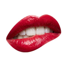 Obraz premium Sensual Red Lips Biting Lower Lip, Glossy Makeup, White Teeth, Isolated