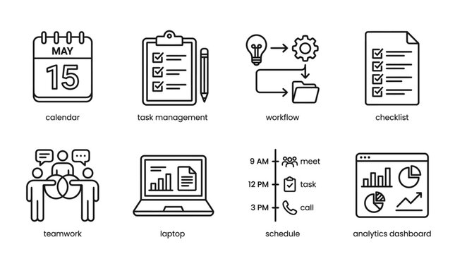 Comprehensive set of line art icons for business productivity, task management, scheduling, data analysis, and collaborative team work strategies