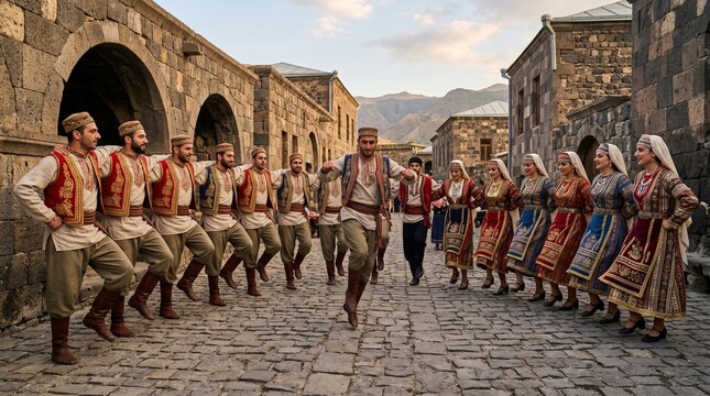 Traditional dancers perform ceremonial dance in historic village square setting outdoors