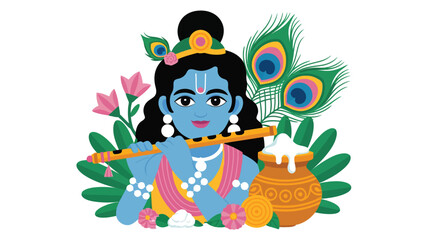 Lord krishna playing the flute surrounded by flowers and a peacock feather © Outline Icon Set