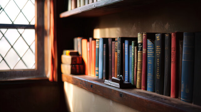 mediocrity. A curated bookshelf with philosophical volumes in soft window light. lifestyle magazines, social media lookbooks, designed for lifestyle magazines and social media content.
