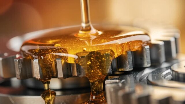 Close up of golden honey dripping over metal gears with warm background light