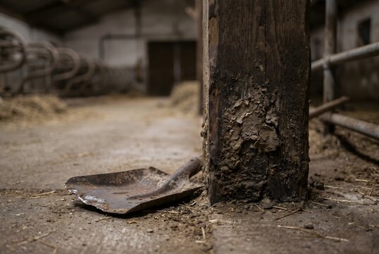 Close-up of dairy barn wooden pillar with mud and manure paste and broken shovel