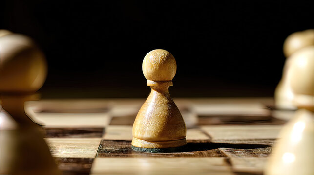 pawn. Chess pawn advanced deep into enemy territory on a wooden board, top-down view. public awareness campaigns, NGO reports, designed for public awareness campaigns and NGO communications.
