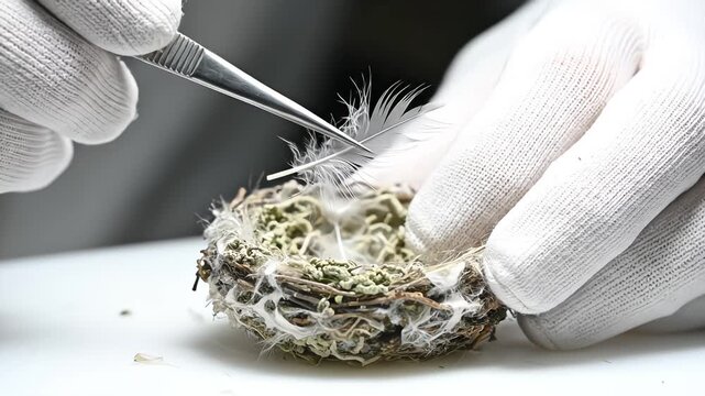 Scientist wearing white cotton gloves using tweezers to carefully extract a small white feather from a hummingbird nest for ornithological research and biological analysis