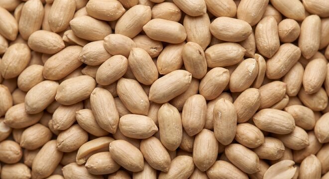 A close up top down view of a pile of raw shelled peanuts featuring natural tan textures and organic shapes perfect for healthy diet and culinary concepts
