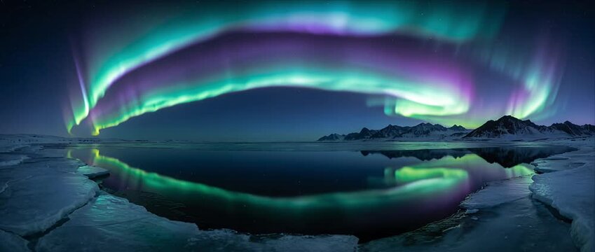 Aurora northern light icy landscape frozen tundra night sky mountain reflection polar winter panorama vivid aurora arcs over frozen tundra lake reflection with colorful northern light reflecting icy