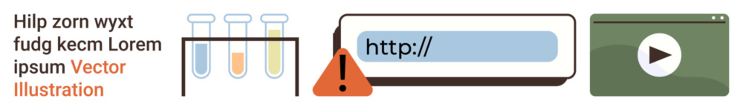Online learning, website security, laboratory experiments, multimedia use, data warning, educational tools. Test tubes, URL warning video play button. Online learning and website security