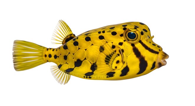 Yellow boxfish with black spots swimming isolated on white background in side view