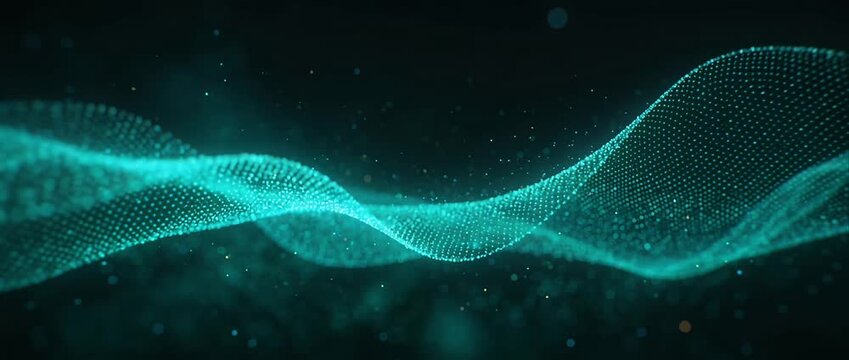 Abstract technology wave data flow digital particle futuristic background teal light glowing line motion energy cyber network virtual pattern modern design smooth flowing curve science fiction art