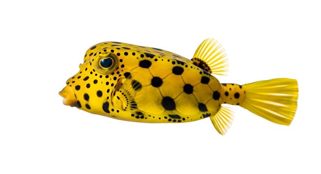 Yellow boxfish with black spots swimming isolated on white background marine tropical fish