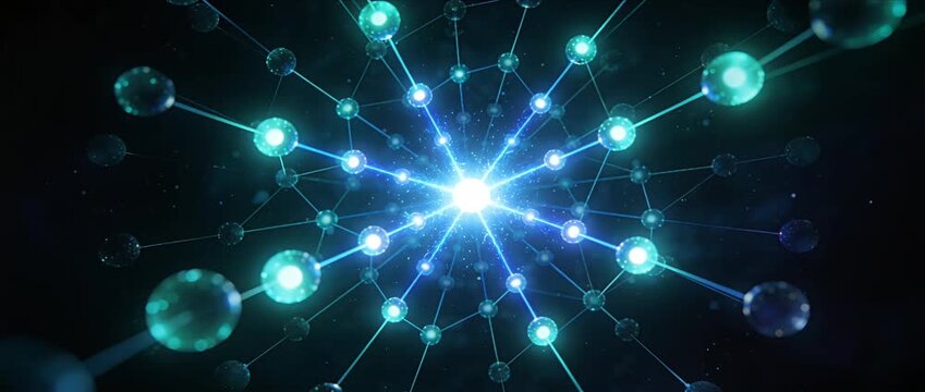 Abstract network glowing sphere light burst blue energy digital connection data node technology background future science particle line quantum concept quantum energy abstract technology blue light