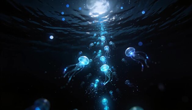Underwater jellyfish glow blue ocean light deep sea swarm fantasy marine life ethereal dreamy mood mysterious water surreal abstract jellyfish art depth with shining tentacles