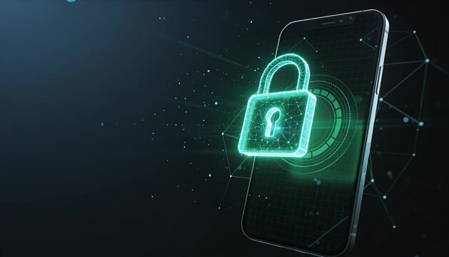 Cybersecurity data protection mobile phone digital lock secure network encryption firewall password online safety privacy control glowing digital lock smartphone screen symbolizing cybersecurity