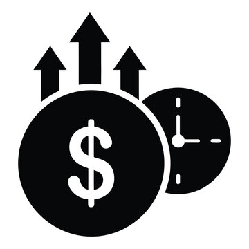 Black and white icon of dollar coin with arrows and clock icon