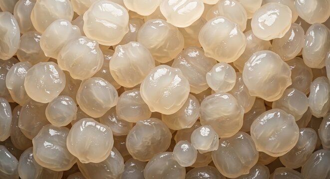 Fresh tropical palmyra fruit seeds or sugar palm kernels piled together in a close up macro view showing translucent white texture and soft organic shapes