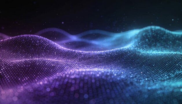 Futuristic digital wave abstract background with particle flow neon gradient light glowing dot mesh smooth motion cyber technology energy surface blue purple particle landscape data visualization