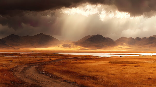 epic. Sunbeams breaking through storm clouds over a vast wilderness at golden hour. travel magazines, destination branding, designed for outdoor magazines and nature guides, inspires travel planning.
