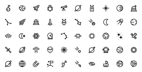Astronomy icon set. Minimalist vector icons pack. Featuring planet, star, rocket, telescope, astronaut, alien, moon, satellite, galaxy, constellation, solar system, and more. © wang