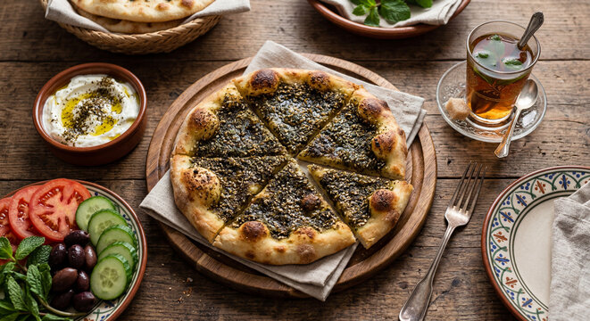 Authentic Lebanese Manakish Zaatar Traditional Flatbread with Green Herb Topping Served with Labneh Cheese Fresh Vegetables Olives and Moroccan Mint Tea