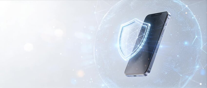 Mobile phone digital security protection shield technology network data privacy modern smartphone with glowing digital shield cyber security online privacy secure connection network safety wireless