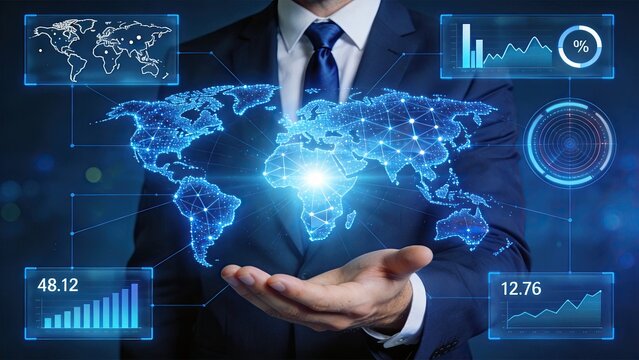 Businessman holding glowing digital world map with network connections, big data analytics, global economy, financial charts, graphs, statistics, international trade, technology