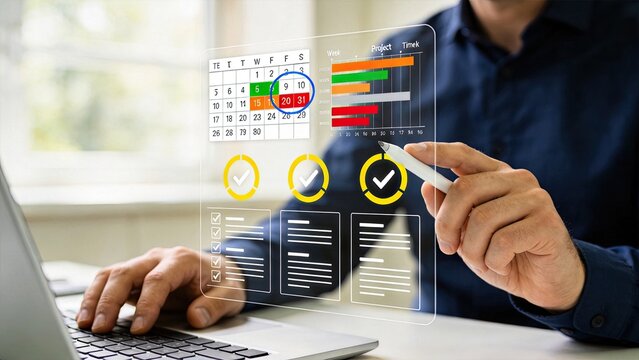 Person interacting with transparent digital calendar interface showing project timeline and task completion status for productivity.