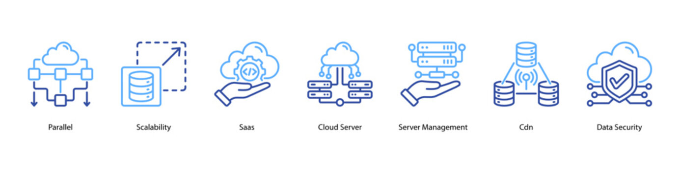 Scalable Systems web banner icon vector illustration featuring Parallel, Scalability, SaaS, Cloud Server, Server Management, CDN, and Data Security.