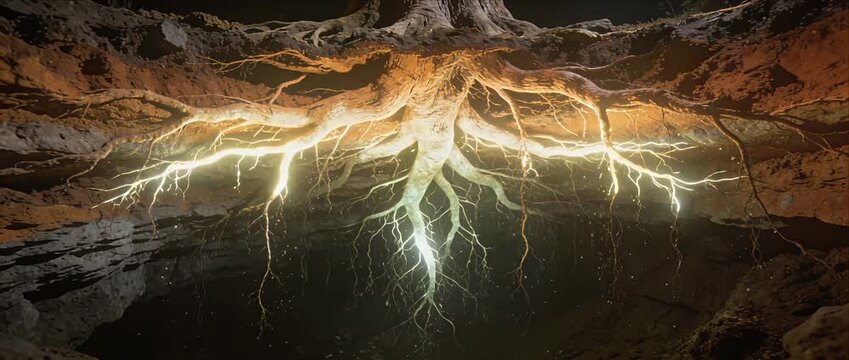 Tree root glowing root underground cavern fantasy scene magic light nature energy organic network dramatic lighting surreal landscape mystical atmosphere underground root network glowing root