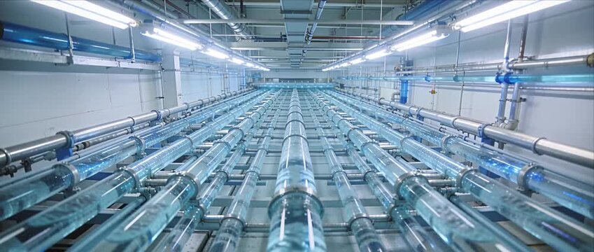 Industrial pipeline glass tube water flow modern factory overhead view with blue light symmetry technology clean water treatment system engineering design stainless steel infrastructure perspective
