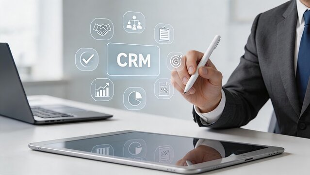 Businessman using tablet with CRM interface, customer relationship management software concept for sales marketing data analysis and digital business technology solutions in