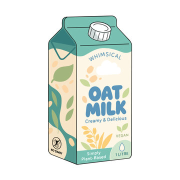 Whimsical oat milk carton vector illustration, refreshing vegan milk package design