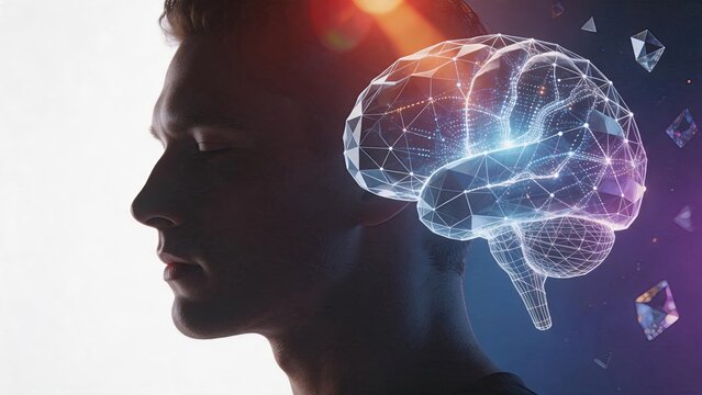 Digital brain network with glowing connections over human silhouette profile, artificial intelligence concept for neural networks, machine learning, cognitive computing and future