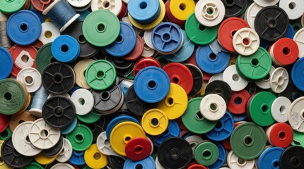 Fototapeta premium Abundant collection of colorful sewing thread spools arranged in a chaotic pile for creative crafting projects and textile design inspiration for sewing enthusiasts