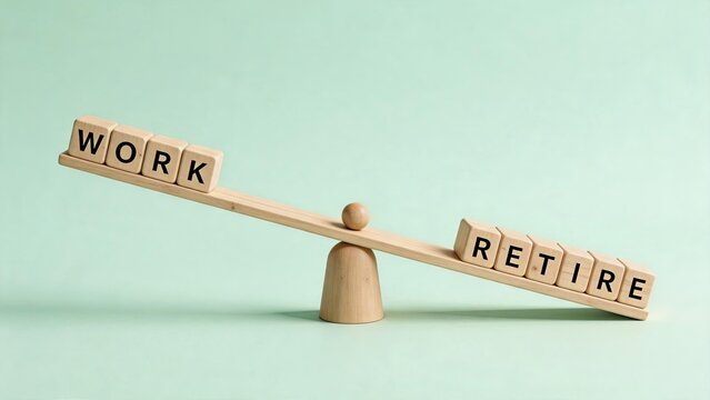 Wooden blocks spelling work and retire on a seesaw scale, representing balance between career and retirement, financial planning concept, pension savings, future security, time