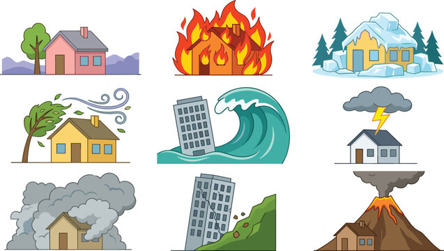 Natural Disaster Icon Collection with Fire, Flood, Tornado, Earthquake, Volcano, Lightning, and Extreme Weather Emergency Scenes