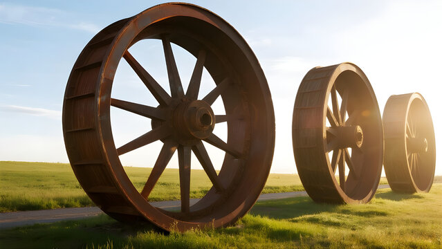 Three giant, rusty iron wheels stand in a row across a grassy green field under a clear sky.