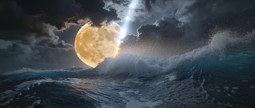 Storm cloud ocean wave full moon moonlight sea spray dramatic sky night seascape lightning beam water splash fantasy landscape surreal glowing water horizon energy power turbulent sea mysterious