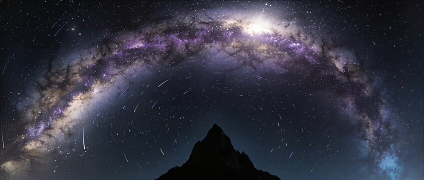 Night sky milky way galaxy mountain silhouette star long exposure panorama meteor universe astrophotography space cosmos starlight celestial arch landscape nature dark glowing horizon reflection