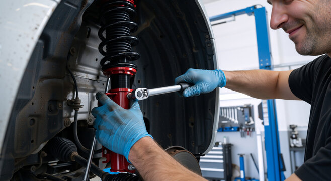 Mechanic hands in blue gloves installing a red coilover suspension strut. Professional technician using a ratchet wrench on a car in an auto shop