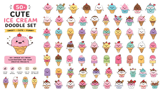 Cute ice cream doodle set with 50 unique illustrations, kawaii sweet food characters in pastel colors, funny hand drawn summer dessert vector collection
