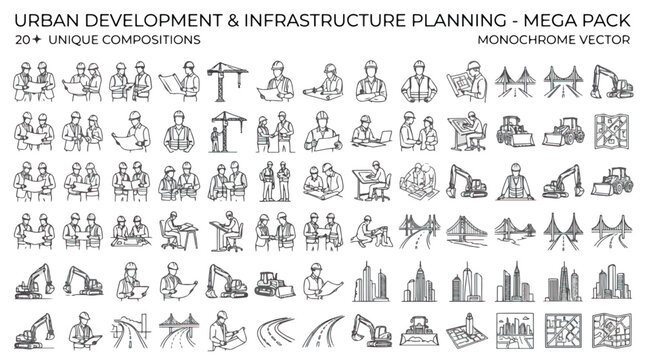 Urban development and infrastructure planning mega pack, 20+ unique compositions monochrome vector, construction site and civil engineering icons